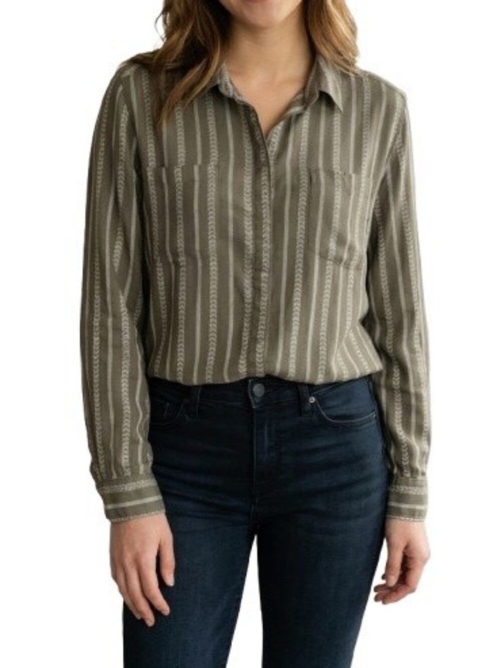 Sonoma Olive Green Button-Up Blouse Geo-Print Stripes Long Sleeves Casual